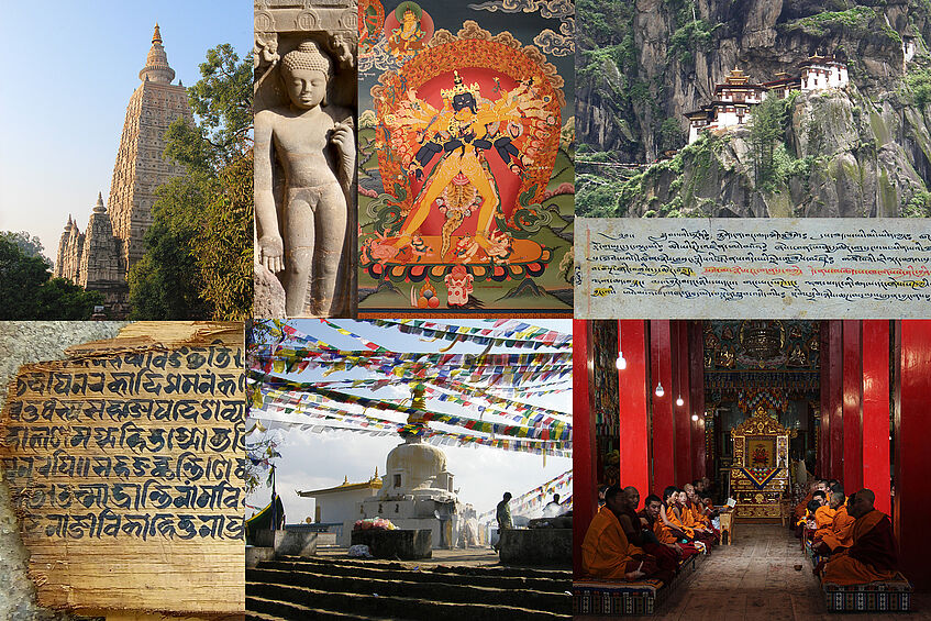 Photo collage of Tibetan and Buddhist architecture, art, sculptures and texts.