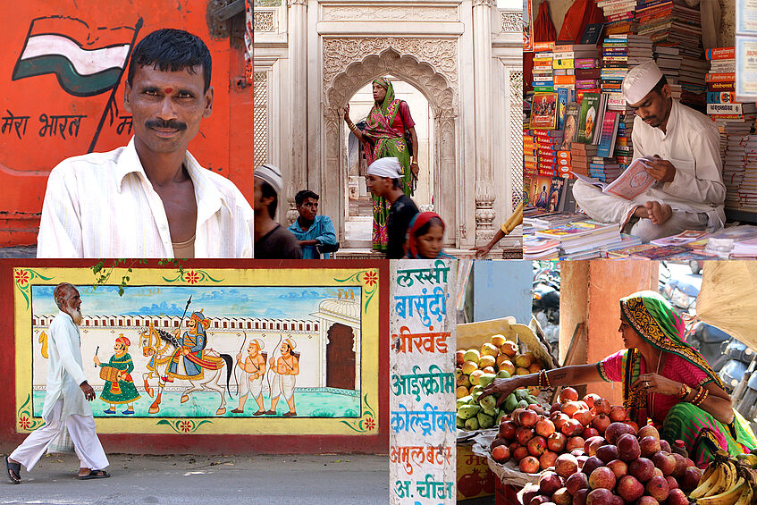 Fotocollage von Menschen und ihrem Alltag in Südasien.
