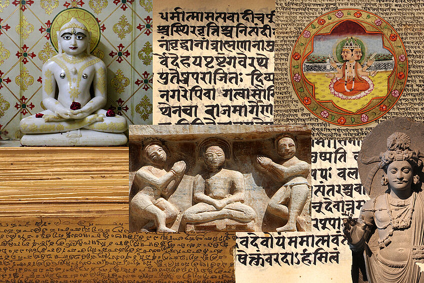 Photo collage of text, paintings and sculptures from South Asia.