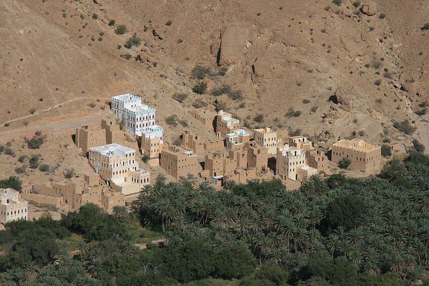 Foto zeigt eine Siedlung zwischen Wüste und einer Oase.