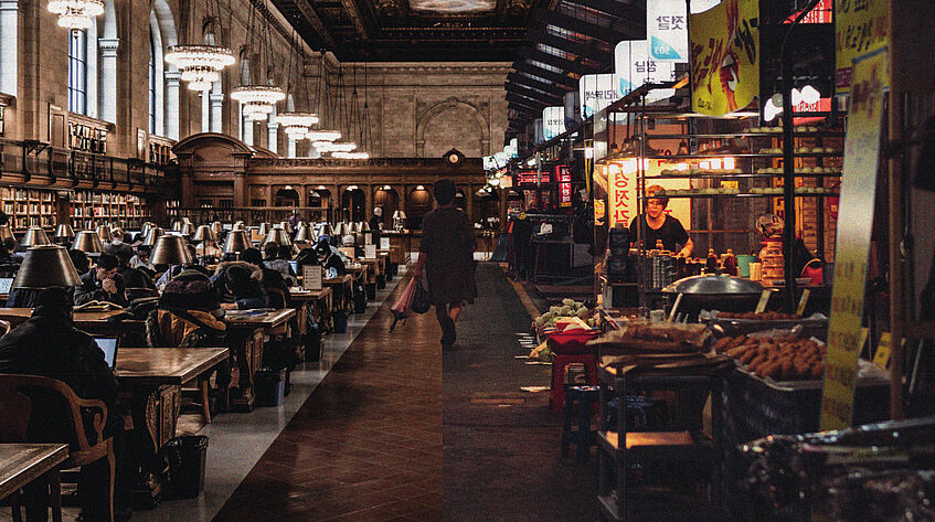 Image consisting of a library with students on the left and a Korean market on the right.