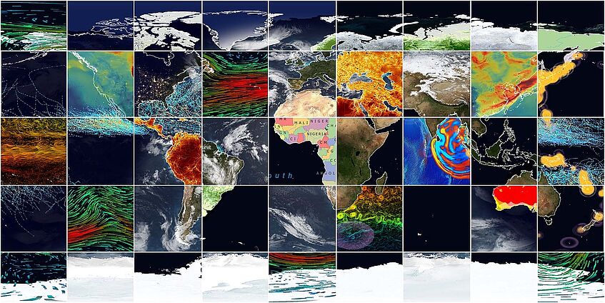 Collage aus verschiedenen Darstellungsmethoden der Kartographie die eine Weltkarte zeigt.