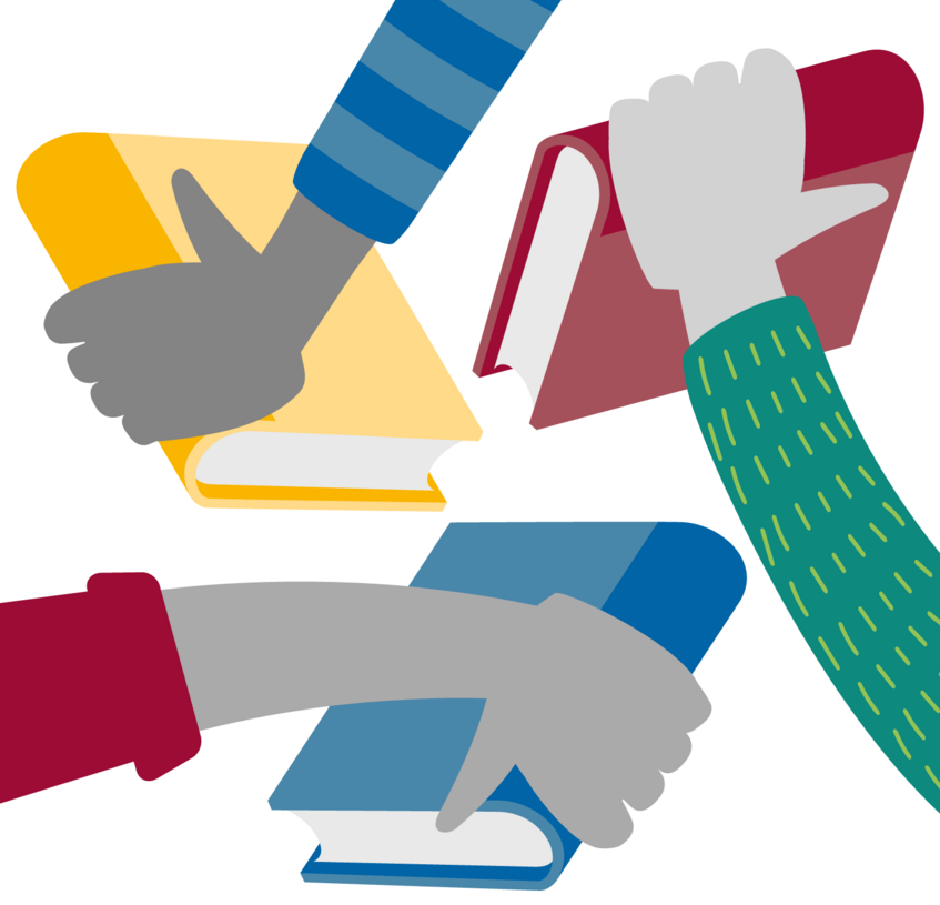 Sujet des ISU-Lerncafés: drei Hände halten je ein Buch zueinander gerichtet in die Mitte des Bildes
