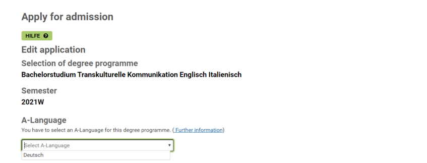 Screenshot of the selection of the A-language when choosing three working languages