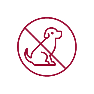 Icon: Animals are not allowed inside. Exceptions apply to guide, assistance and other service dogs. (crossed out sitting dog)