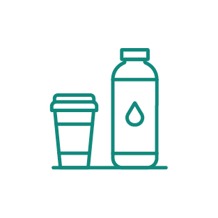 Icon: Drinking enough water will keep you fit and alert. (coffee mug and drinking bottle)